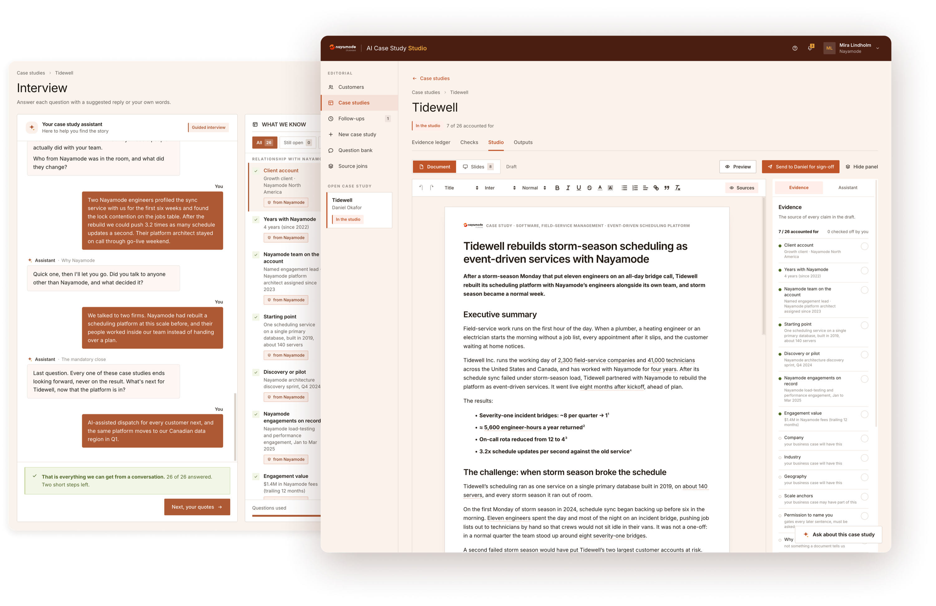 The customer's AI interview beside the reviewer's finished case study in the studio